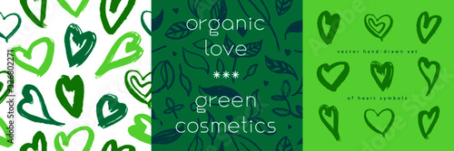 Green cosmetic pattern, eco cosmetics concept for bio cosmetics banner. Vector icons of heart. Eco friendly seamless background. Natural pattern and logo for beauty care products. Label tag template.