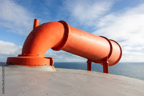 Lighthouse foghorn pointing out to the sea at Sumburgh head Shetland