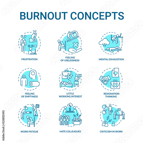 Burnout concept turquoise icons set. Work fatigue. Mental exhaustion. Crisis in office. Frustration idea thin line RGB color illustrations. Vector isolated outline drawings. Editable stroke