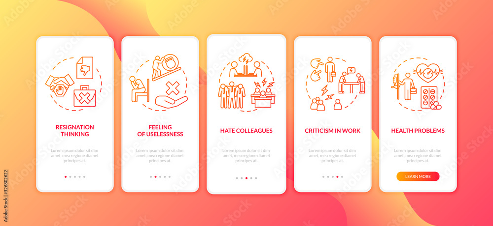 Burnout onboarding mobile app page screen with concepts. Low self esteem. Relationship trouble. Exhaustion walkthrough 5 steps graphic instructions. UI vector template with RGB color illustrations