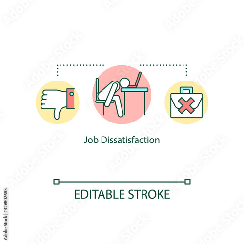 Job dissatisfaction concept icon. Burnout idea thin line illustration. Feeling unmotivated. Poor working conditions. Lack of recognition. Vector isolated outline RGB color drawing. Editable stroke