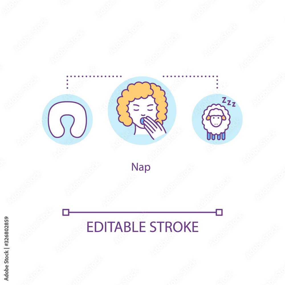 Fototapeta premium Nap concept icon. Sleeping habits idea thin line illustration. Rest time. Napping. Short sleep, siesta. Feeling sleepy. Vector isolated outline RGB color drawing. Editable stroke