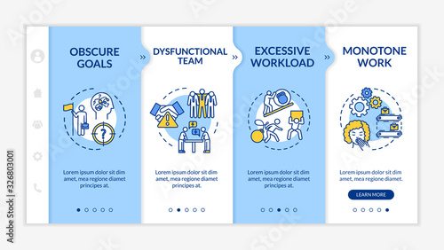 Burnout causes onboarding vector template. Obscure goals. Unclear working plan. Confusing task. Responsive mobile website with icons. Webpage walkthrough step screens. RGB color concept