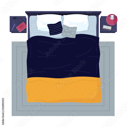 Modern bed with no people semi flat RGB color vector illustration. Bedroom items, sleeping place with accessories and fashion linens isolated cartoon object on white background