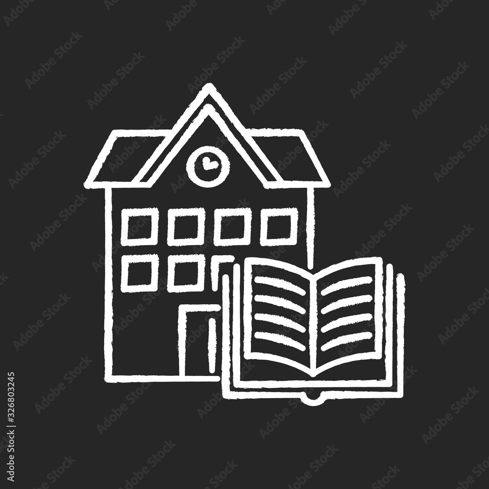 Public library chalk white icon on black background. Educational establishment. University education. Book storage. Campus building. Reading room. Bookshop. Isolated vector chalkboard illustration Public library chalk white icon on black background. Educational establishment. University education. Book storage. Campus building. Reading room. Bookshop. Isolated vector chalkboard illustration