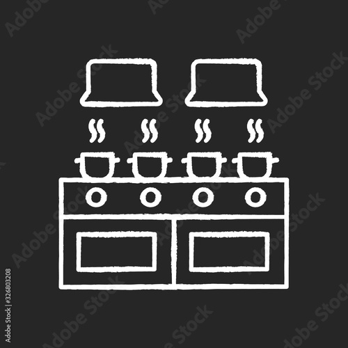 Communal kitchen chalk white icon on black background. Common dormitory room. Casseroles on stove. Living accommodations. Shared dorm space. Restaurant, cafe. Isolated vector chalkboard illustration