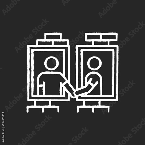 Neighbors in window frames chalk white icon on black background. Dormitory mates relationship. Dormmates greeting each other. People living in apartment block. Isolated vector chalkboard illustration
