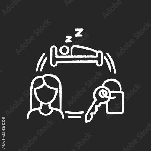 Renting hotel room chalk white icon on black background. Booking sleeping accommodation. Housing facility. Travelling facilities. Rental service. Female client. Isolated vector chalkboard illustration