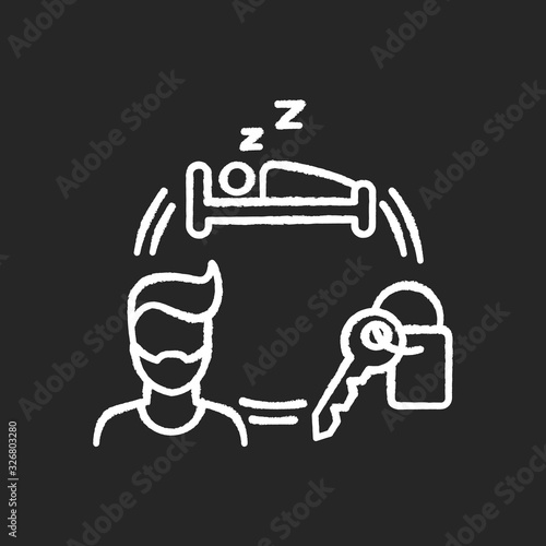 Renting hotel room for short term chalk white icon on black background. Booking sleeping accommodation. Housing facility. Travelling facilities. Rental service. Isolated vector chalkboard illustration