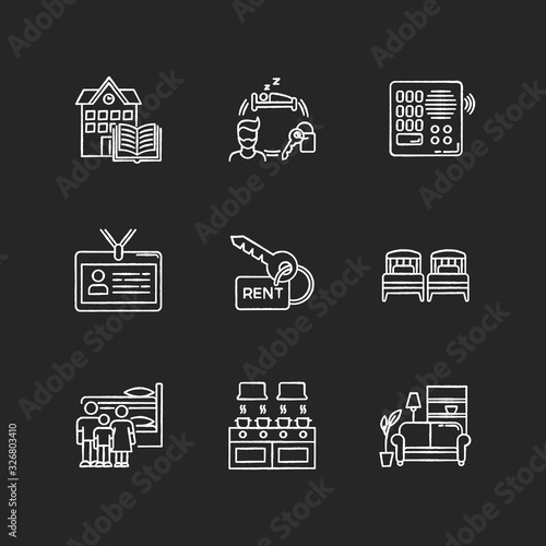 Renting chalk white icons set on black background. Family dormitory. Communal kitchen. Identity card. Living room. Intercom. Shared space. Rental service. Isolated vector chalkboard illustrations