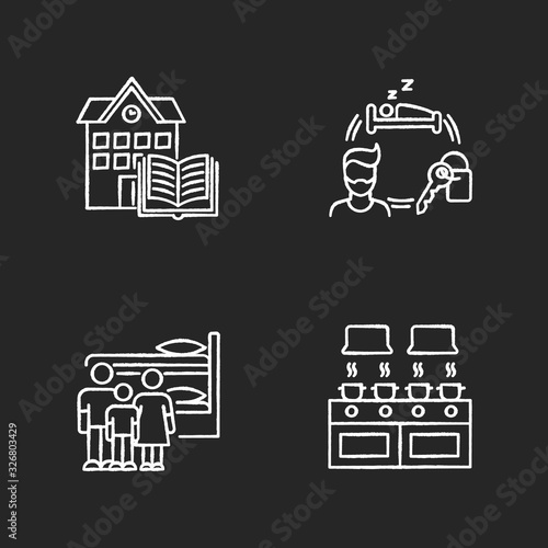 Dormitory chalk white icons set on black background. Family dorm. Communal kitchen. Common space. Shared bedroom. Renting. Campus library. Living conditions. Isolated vector chalkboard illustrations