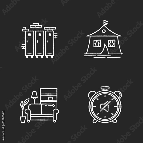 Dormitory conditions chalk white icons set on black background. Lockers. Gym, swimming pool closets. Marquee tent. Dorm quiet hours. Living room. Shared space. Isolated vector chalkboard illustrations