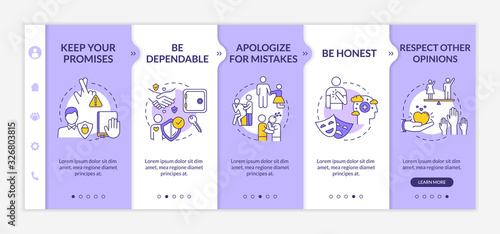 Being sincere to friend onboarding vector template. Keep promises, apologize for mistakes, be dependable. Responsive mobile website with icons. Webpage walkthrough step screens. RGB color concept