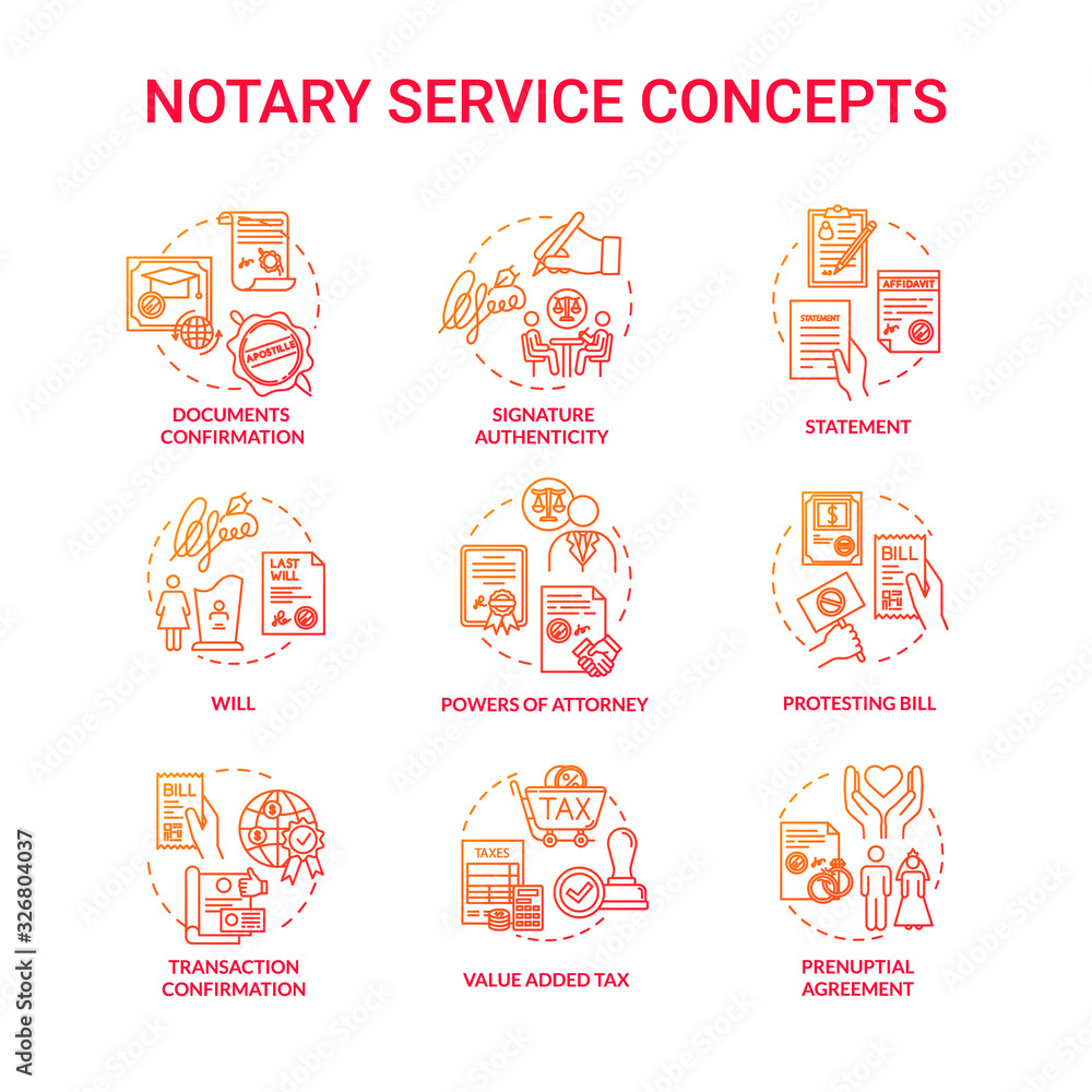 Notary services red concept icons set. Legal claim. Legislation and public regulation. Certificate, guarantee. Common law idea thin line RGB color illustrations. Vector isolated outline drawings