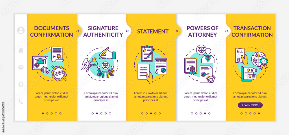 Legal help onboarding vector template. Lawyer consultation. Papers validation. Responsive mobile website with icons. Webpage walkthrough step screens. RGB color concept