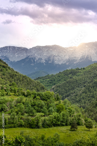 Green forest with the mountains in the background during the spring sunrise Freedom concept