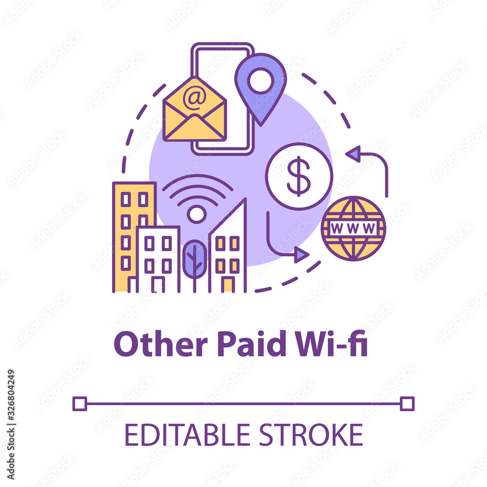 Other paid wifi concept icon. Free internet zone. Global telecommunication. 4g signal in city. Roaming idea thin line illustration. Vector isolated outline RGB color drawing. Editable stroke Other paid wifi concept icon. Free internet zone. Global telecommunication. 4g signal in city. Roaming idea thin line illustration. Vector isolated outline RGB color drawing. Editable stroke