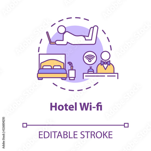 Hotel wi-fi concept icon. Get room signal with laptop. Free network coverage. Wireless internet. Roaming idea thin line illustration. Vector isolated outline RGB color drawing. Editable stroke