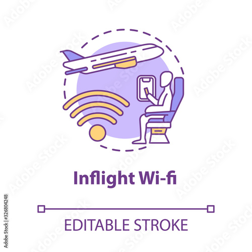 Inflight wifi concept icon. Airplane service. Internet onboard. International wireless coverage. Roaming idea thin line illustration. Vector isolated outline RGB color drawing. Editable stroke