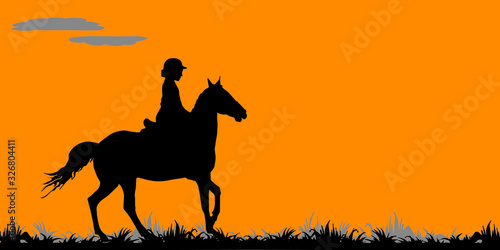  girl rides horse in field  on grass  isolated image  black isolated silhouette on orange background  forest  clouds.