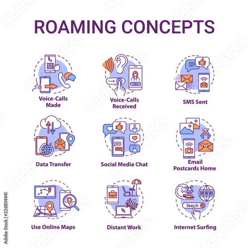 Roaming concept icons set. Browsing social media. Incoming voice calls. Distant work. Internet connection idea thin line RGB color illustrations. Vector isolated outline drawings. Editable stroke