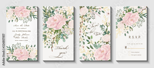 Wedding invitation with flowers Peony and leaves, watercolor, isolated on white. Vector Watercolour.