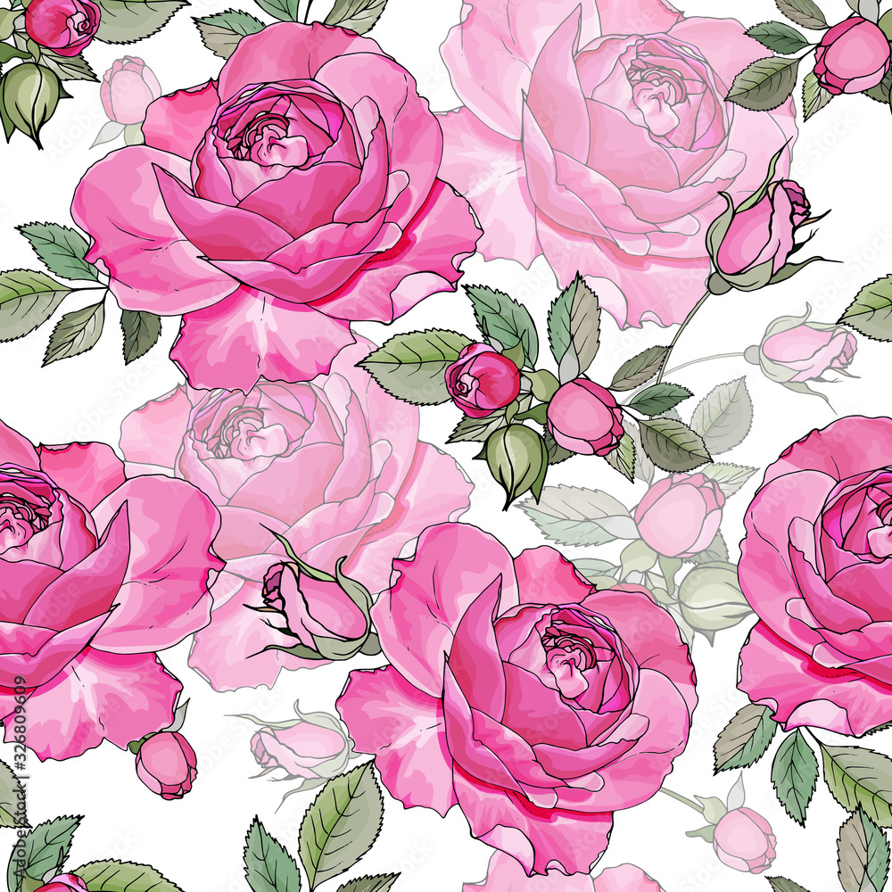 Vector seamless floral pattern with pink flowers rose, buds and green ...