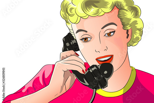 A young woman is talking on the phone. Vector image in pop art style isolated on white background.