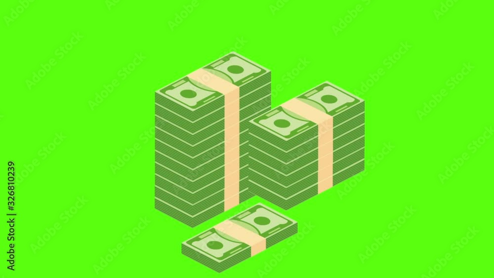 Piles of paper money grow up animation with alpha channel.