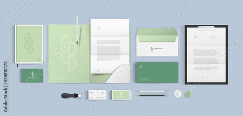 Vector green organic eco corporate identity brand. Template for vegan shop, spa salon or cosmetic firm. Realistic mockup pure color light style.
