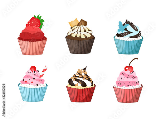 collection of delicious colorful cupcakes on white background