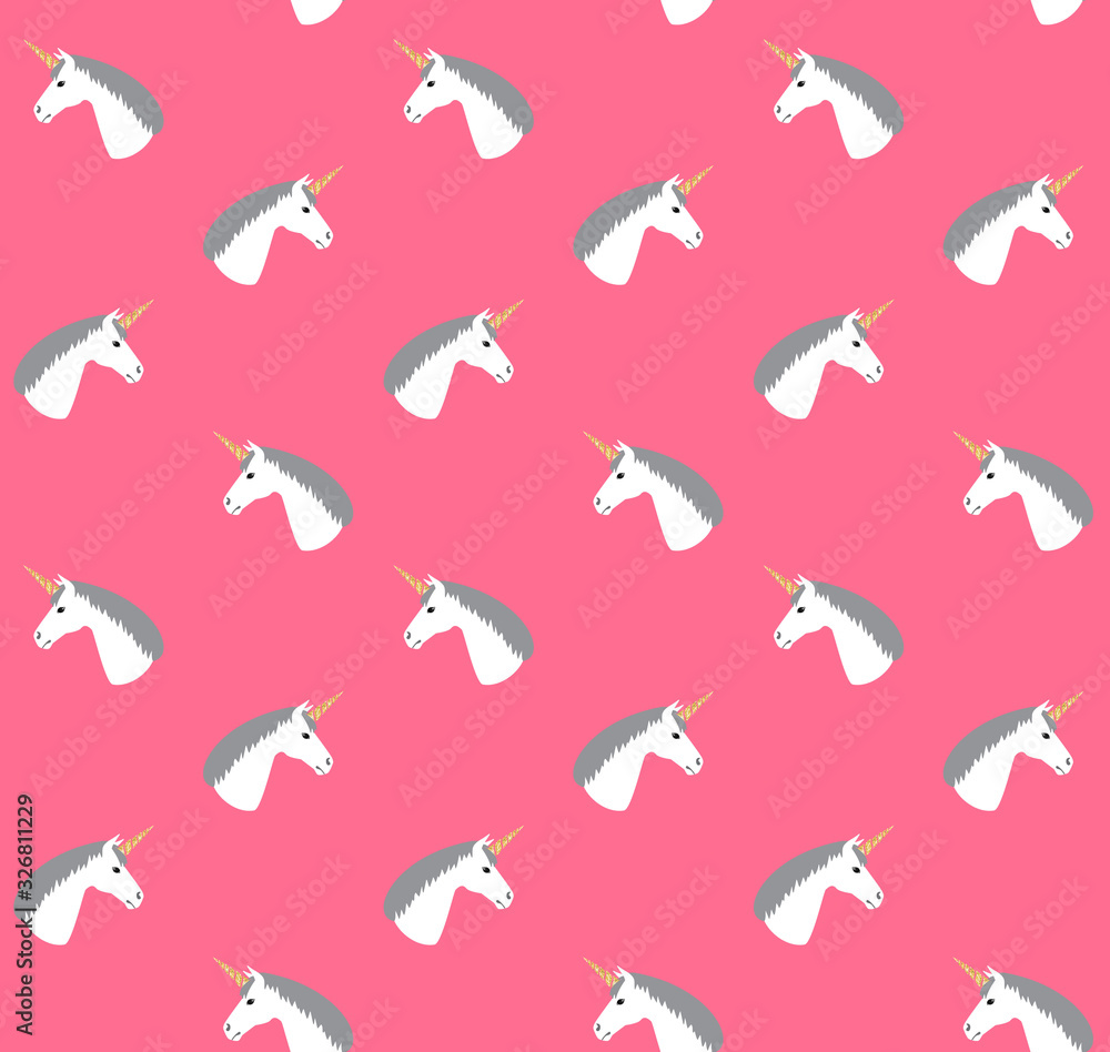 Vector seamless pattern of flat cartoon white unicorn head isolated on pink background Vector seamless pattern of flat cartoon white unicorn head isolated on pink background