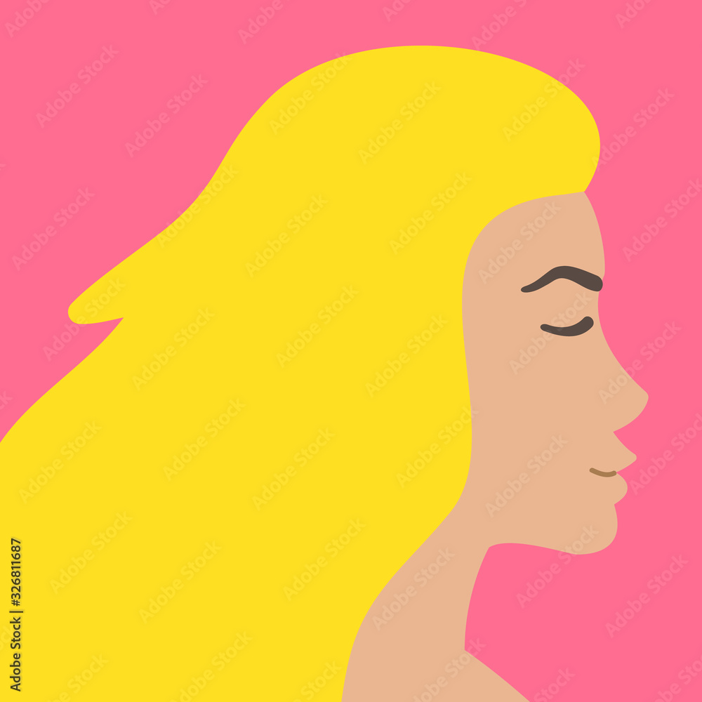 Vector flat cartoon blonde woman head profile isolated on pink background