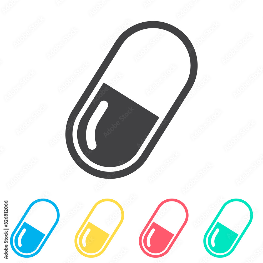 Pills and capsules multi color icon set. Simple glyph, flat vector of medical icons for ui and ux, website or mobile application Pills and capsules multi color icon set. Simple glyph, flat vector of medical icons for ui and ux, website or mobile application