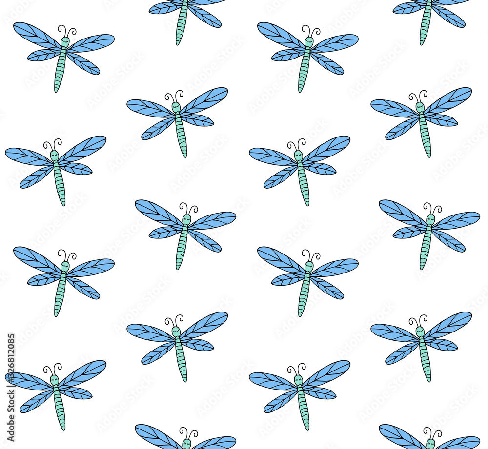 Vector seamless pattern of hand drawn doodle sketch colored dragonfly ...