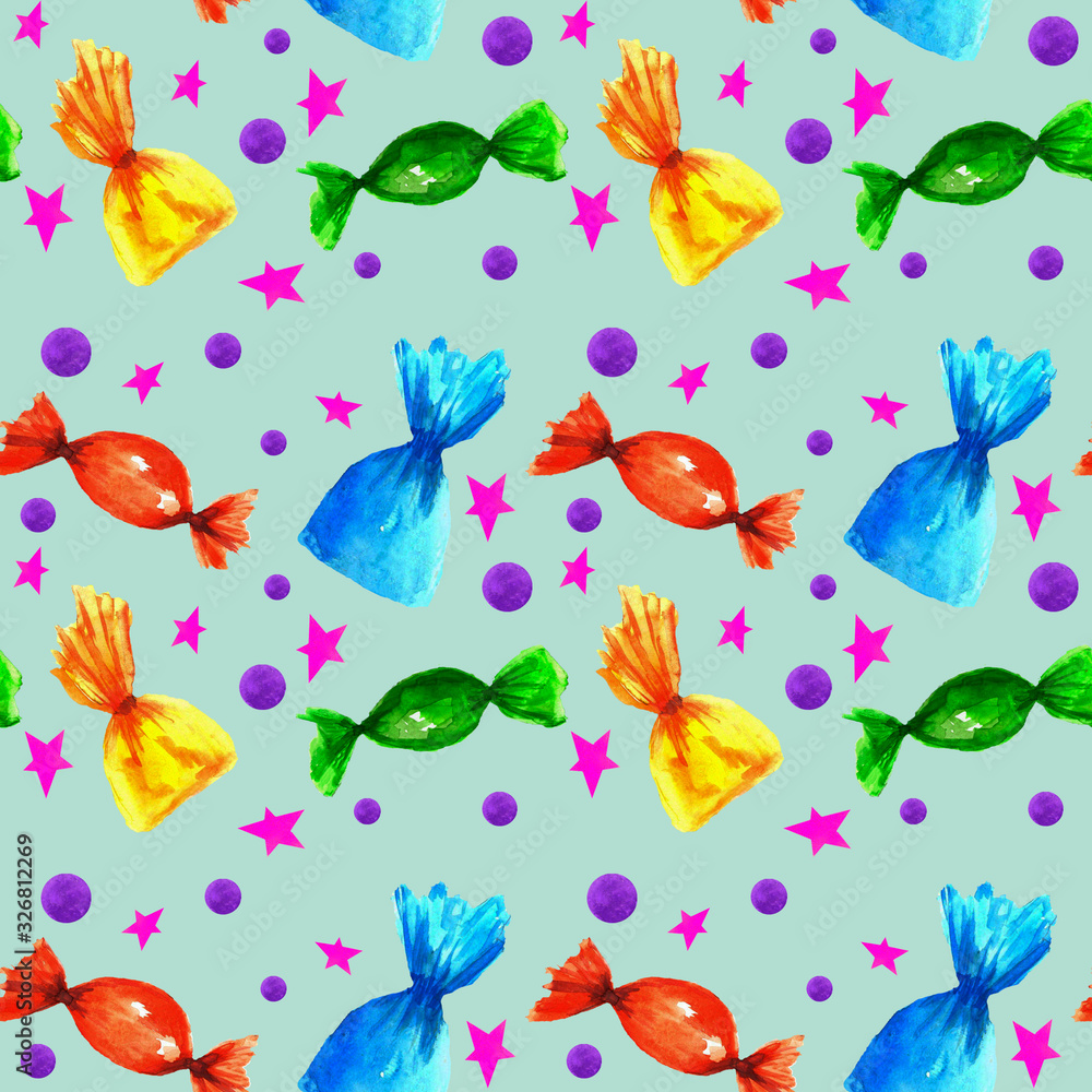Watercolor pattern with a picture of various sweets on a colored background