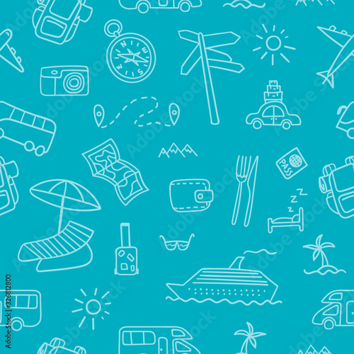 Seamless pattern with hand drawn travel icons. Blue vacation background. Vector illustration.