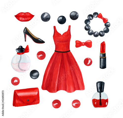Red and black female accessories. Shoes, clutch bag, bracelet and cosmetics. Set for Women's Day. Watercolor illustration. Isolate on a white background. March 8