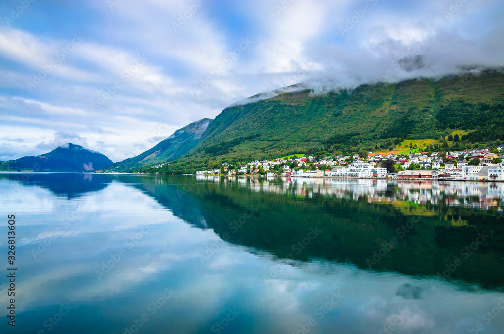 Panoramic view of beautiful city Orsta, Norway