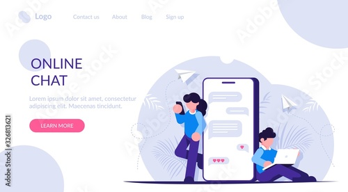 Online chat concept. People communicate on social media or messengers. Modern communication on the Internet. Immersion in virtual reality. Landing web page template.