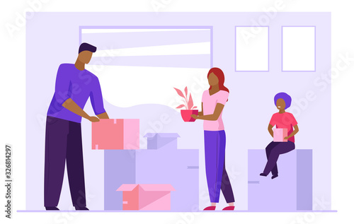 Family moving to new home. People unpacking boxes and carrying home plants flat vector illustration. Rent  mortgage  relocation concept for banner  website design or landing web page