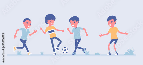 Street football young players. Amateur junior sport team playing soccer outdoors on a green grass yard, summer fun, hoody and entertainment, weekend activity. Vector flat style cartoon illustration