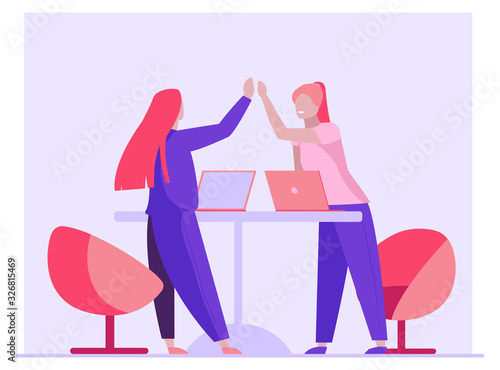 Business colleagues celebrating success. Women with laptops giving high five flat vector illustration. Triumph, teamwork, successful team concept for banner, website design or landing web page