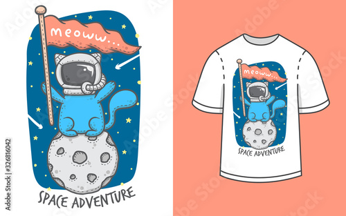 Cute cat with astronaut helmet in space illustration t shirt design