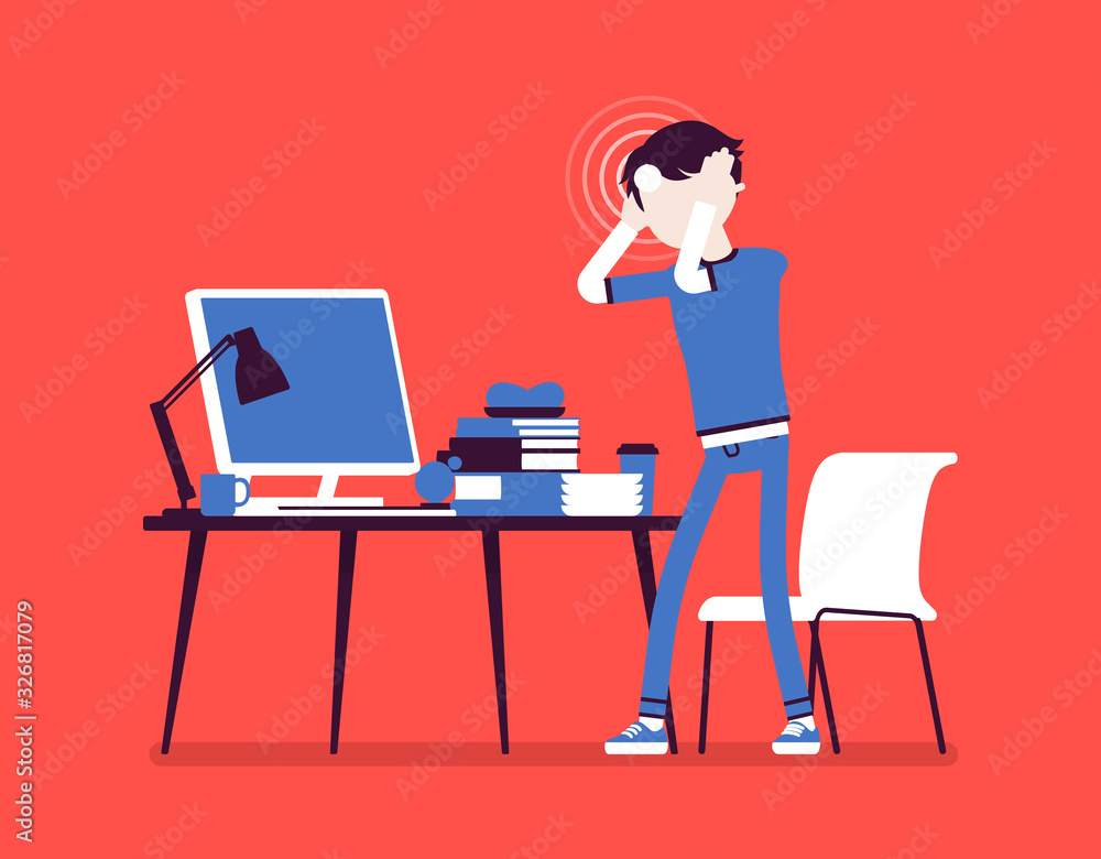 Male freelancer suffering with headache and migraine. Young overworked man tired, online networking stress and self-employment failures, frustrated on problem. Vector illustration, faceless character Male freelancer suffering with headache and migraine. Young overworked man tired, online networking stress and self-employment failures, frustrated on problem. Vector illustration, faceless character