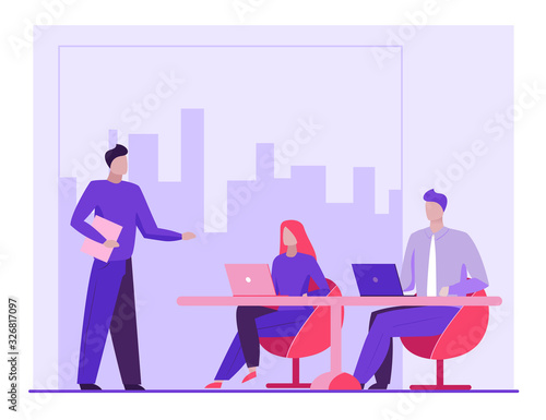 Business coach talking to audience. Leader or boss instructing team flat vector illustration. Speaker, training, leadership concept for banner, website design or landing web page