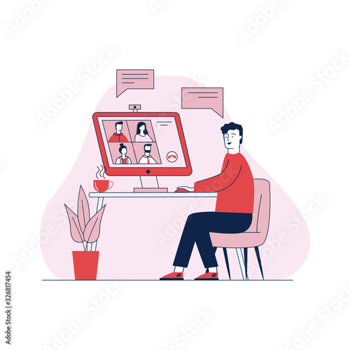 Man talking via online videoconference vector illustration. Work chat on desktop computer. Video conference for collective discussion online. Technology and virtual meeting concept.