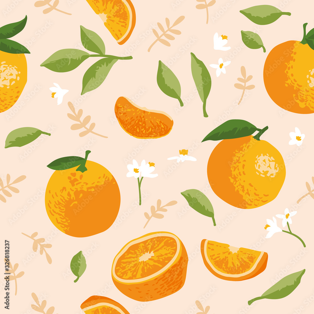 Vector summer pattern with oranges, flowers and leaves. Seamless texture design. Vector summer pattern with oranges, flowers and leaves. Seamless texture design.