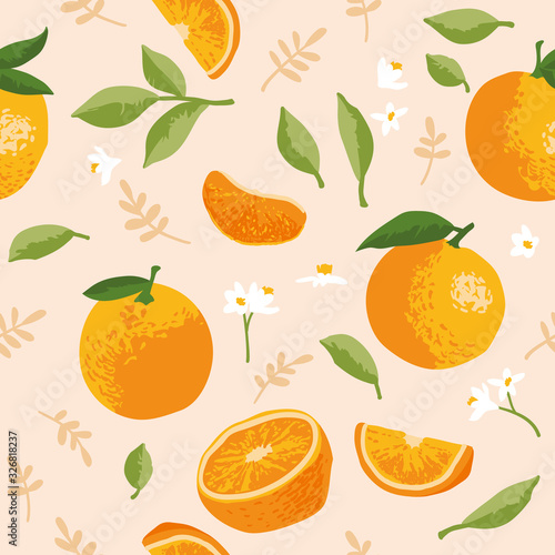 Vector summer pattern with oranges, flowers and leaves. Seamless texture design.