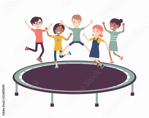 Trampoline jump kids entertainment. Outdoor bounce equipment for children, family and school fun, playtime sport activity, exciting birthday party with friends. Vector flat style cartoon illustration